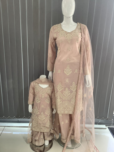 ASHA | Embroidered Net Dori Work Mother & Daughter Dress Ready To Wear Dusty Pink| AS67