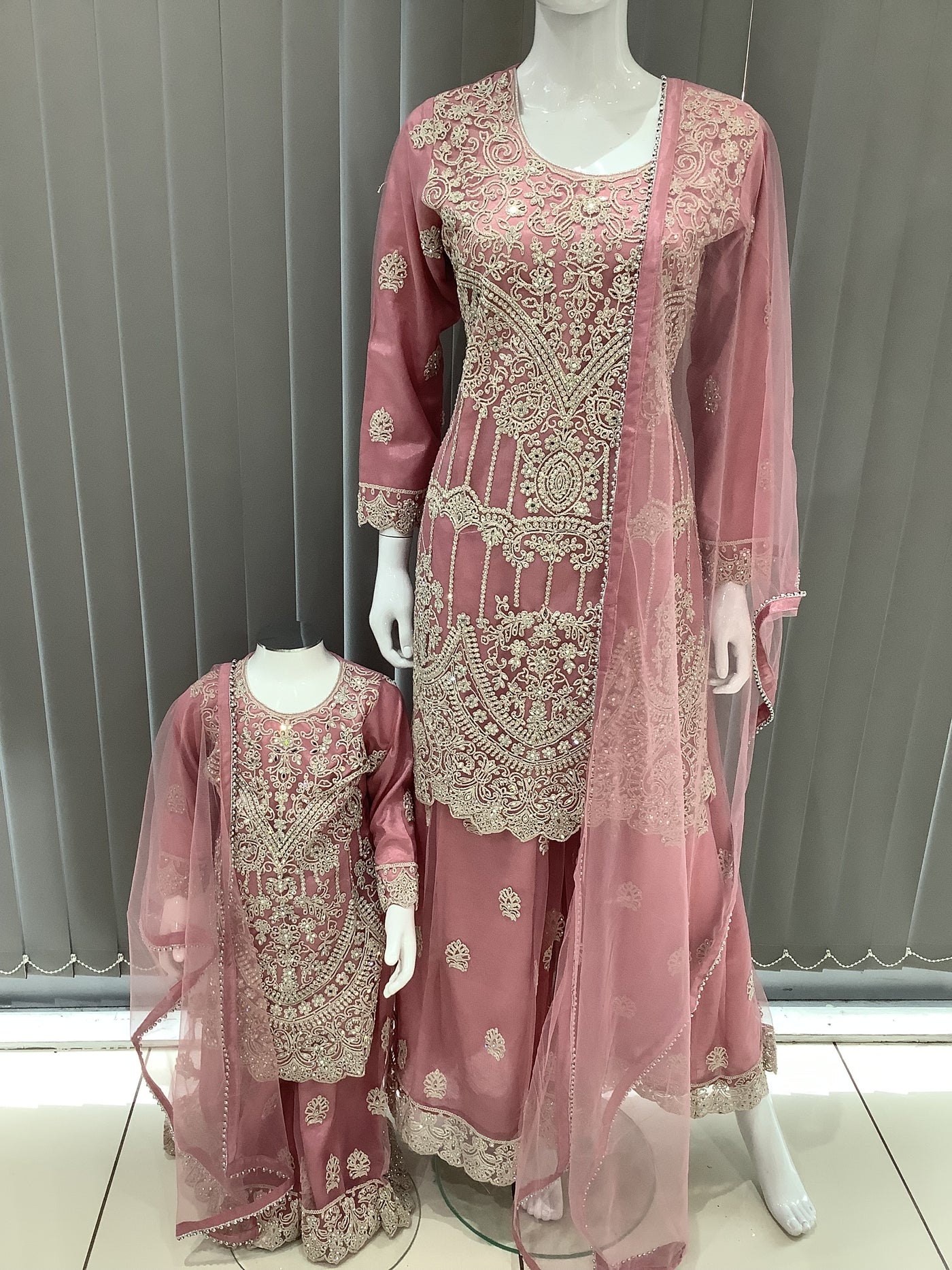 ASHA | Embroidered Net Mother & Daughter Ready To Wear Pink| AS74