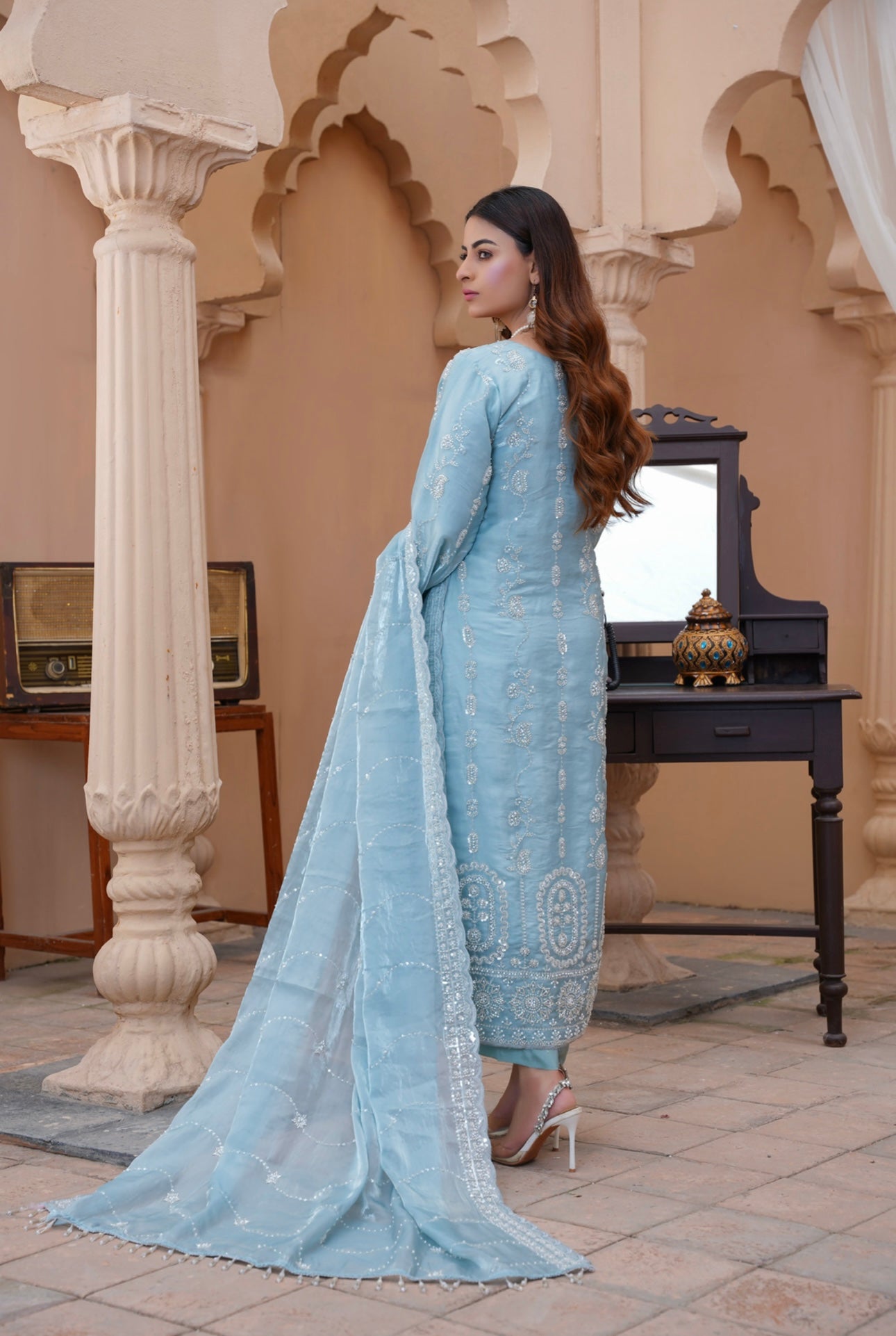 S Creations ‘Eliza’ | Embroidered Silk Readymade | SC119 (Light Blue)