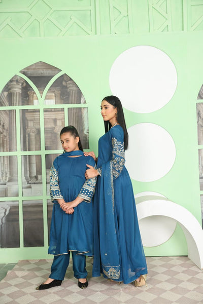 S Creations ‘Noreen’ | Embroidered Chiffon Mother & Daughter Readymade | SC162 (Teal)