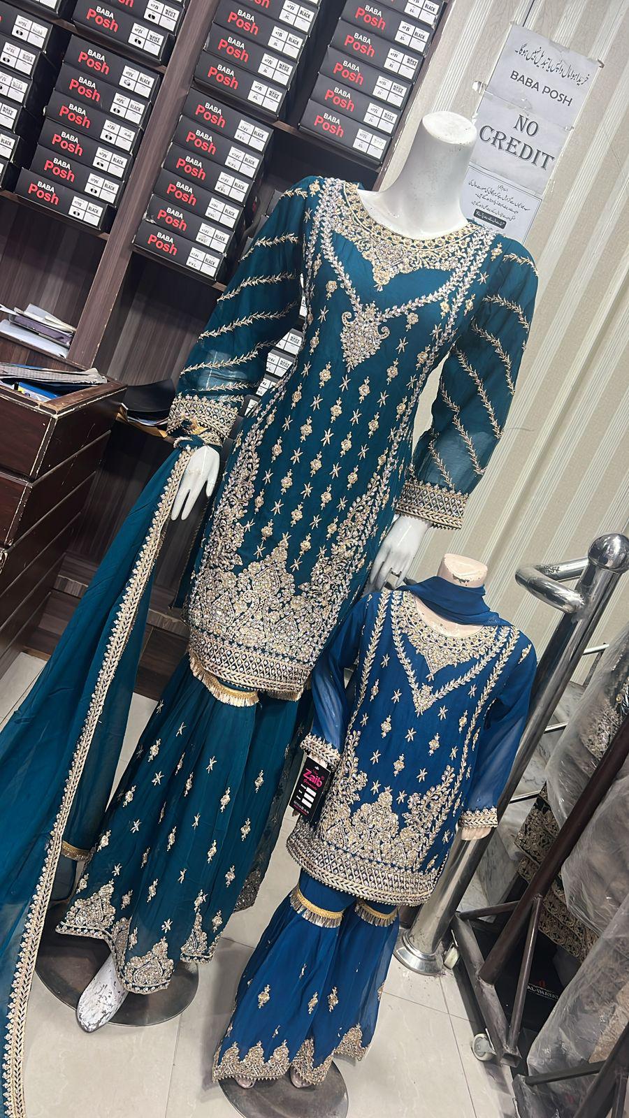 ShaZaib | Embroidered Chiffon Shararah Mother & Daughter Readymade | SZ191 (Teal)