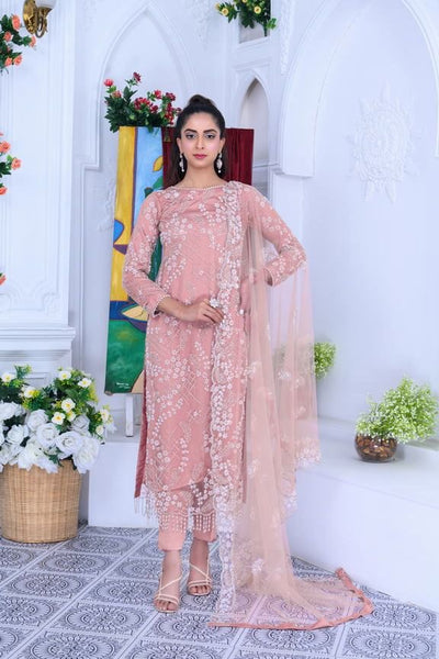 S Creations ‘Maya’ | Embroidered Net Formal Readymade | SC134 (Peach)