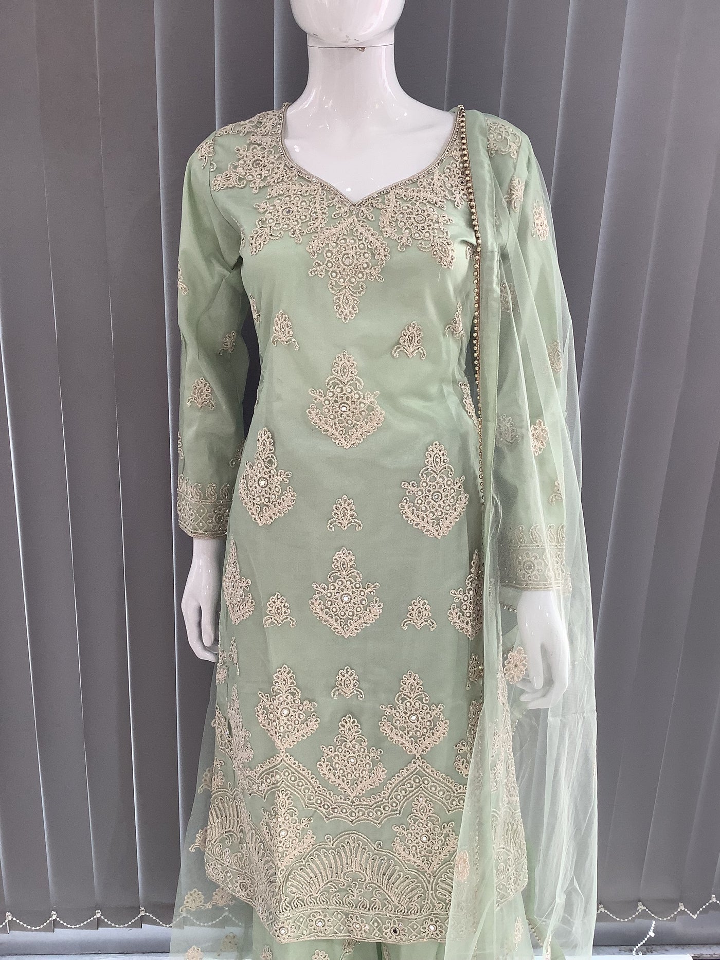 ASHA | Embroidered Net Dori Work Mother & Daughter Dress Ready To Wear Light Green| AS67