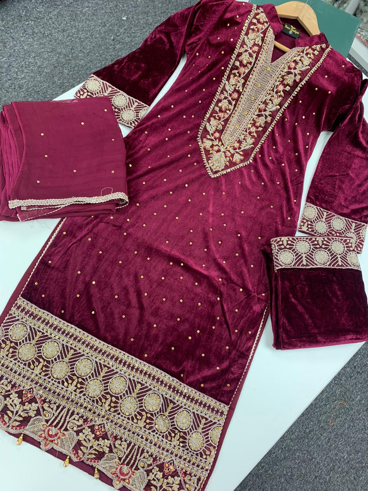 S Creations ‘Hina’ | Embroidered Velvet Readymade | SC137 (Maroon)