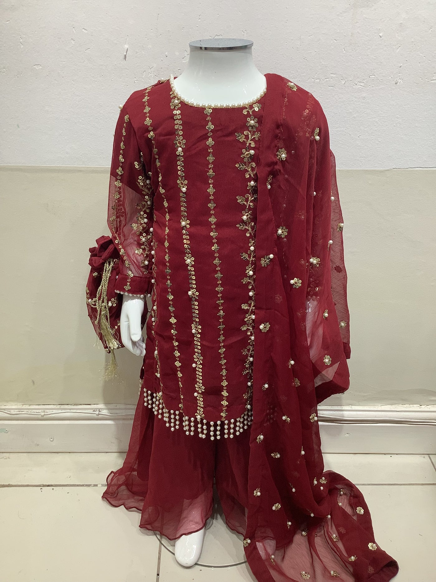 S Creations | Embroidered Chiffon Mother & Daughter Readymade | SC084 (Maroon)