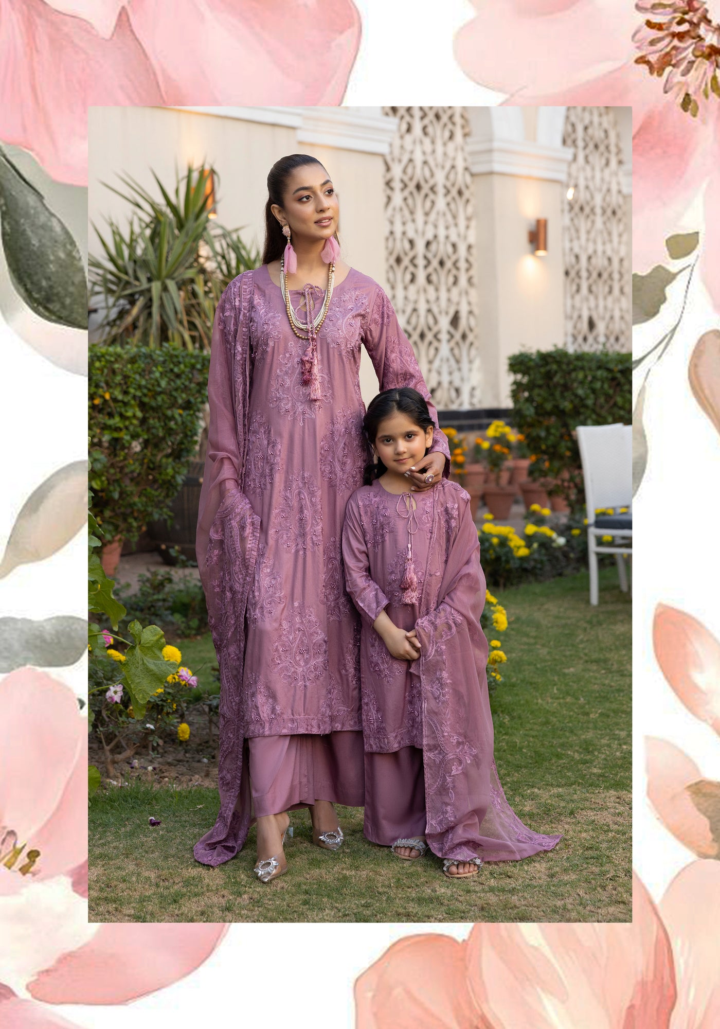 SIMRANS ‘Jannat’ | Embroidered Linen Mother & Daughter Readymade | SM772 (Mauve)