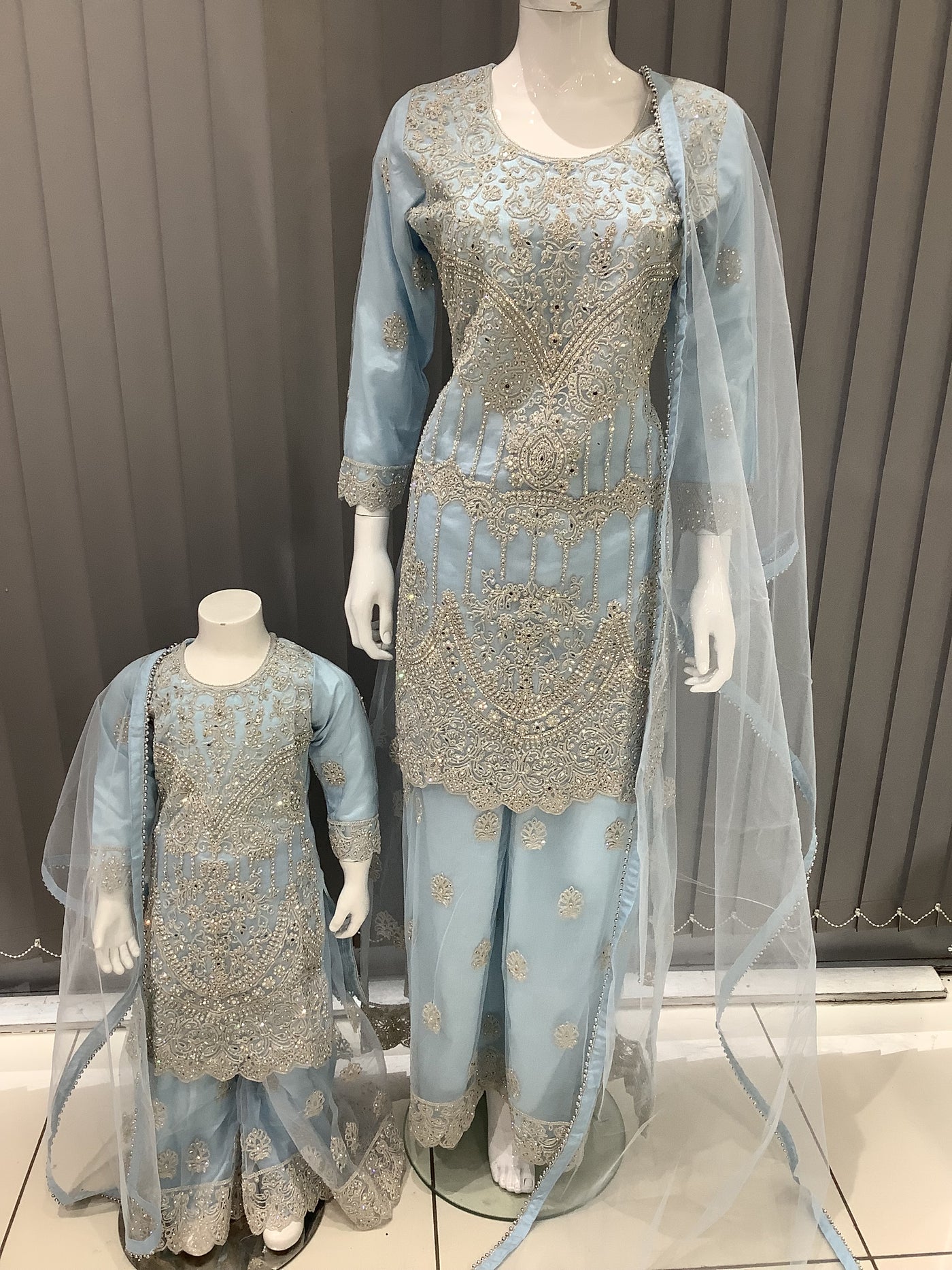 ASHA | Embroidered Net Mother & Daughter Ready To Wear Light Blue | AS74