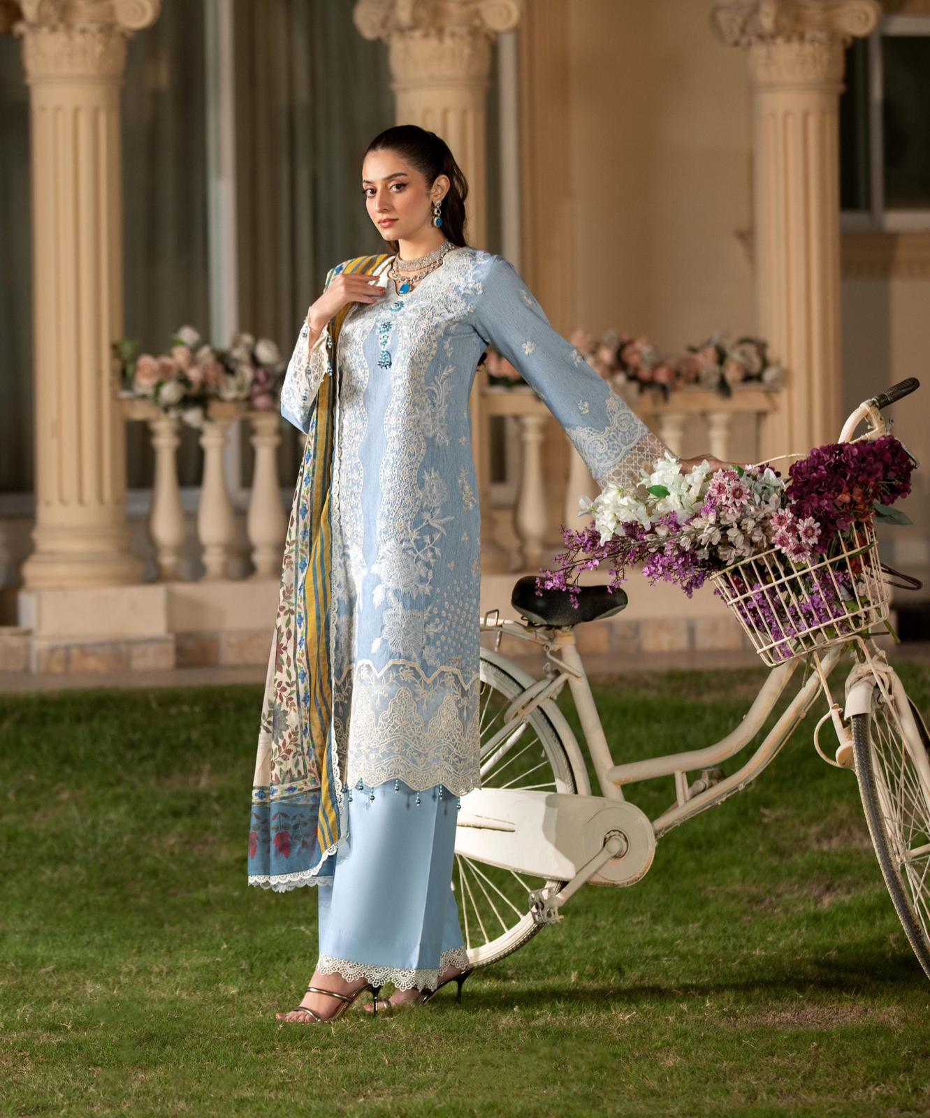 HEERAS | Luxury Embroidered Cambric Cotton Eid Readymade | HSS018 (Light Blue)