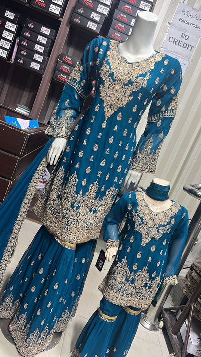 ShaZaib | Embroidered Chiffon Shararah Mother & Daughter Readymade | SZ196 (Teal)