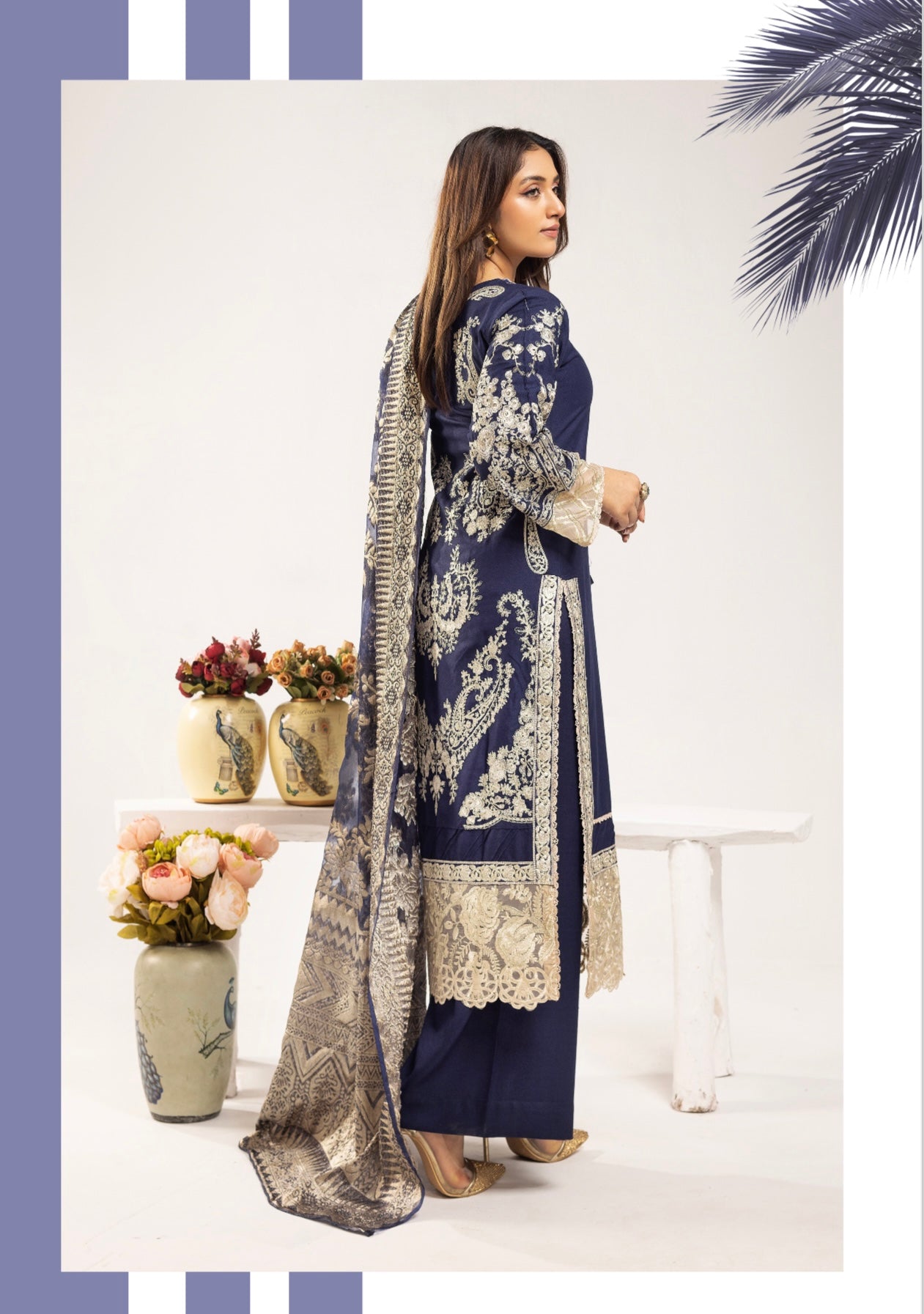 SIMRANS ‘Charisma Lux’ | Embroidered Dhanak Fancy Dupatta Readymade | SM732 (Navy)