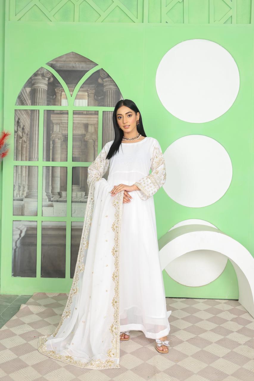 S Creations ‘Noreen’ | Embroidered Chiffon Mother & Daughter Readymade | SC162 (White)