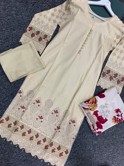 S Creations ‘Kaia’ | Embroidered Dhanak Readymade | SC152 (Cream)