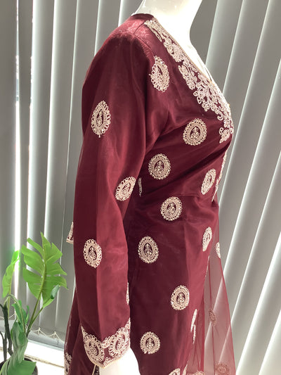 ASHA | Embroidered Net Dori Work Mother & Daughter Dress Ready To Wear Burgundy| AS66