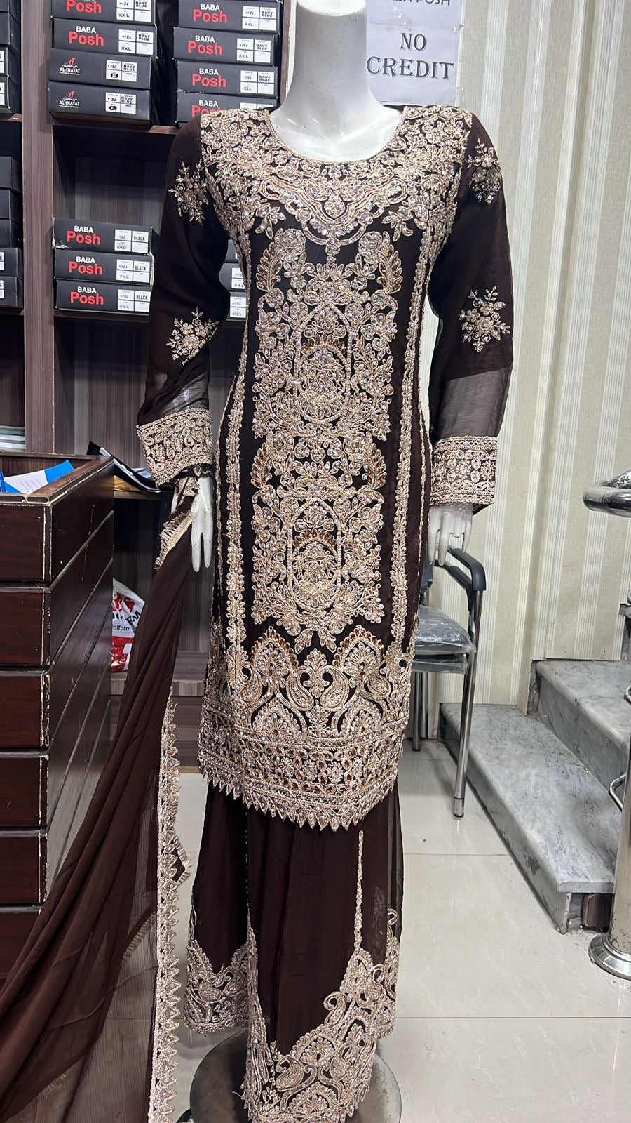 ShaZaib | Embroidered Chiffon Shararah Mother & Daughter Readymade | SZ197 (Brown)