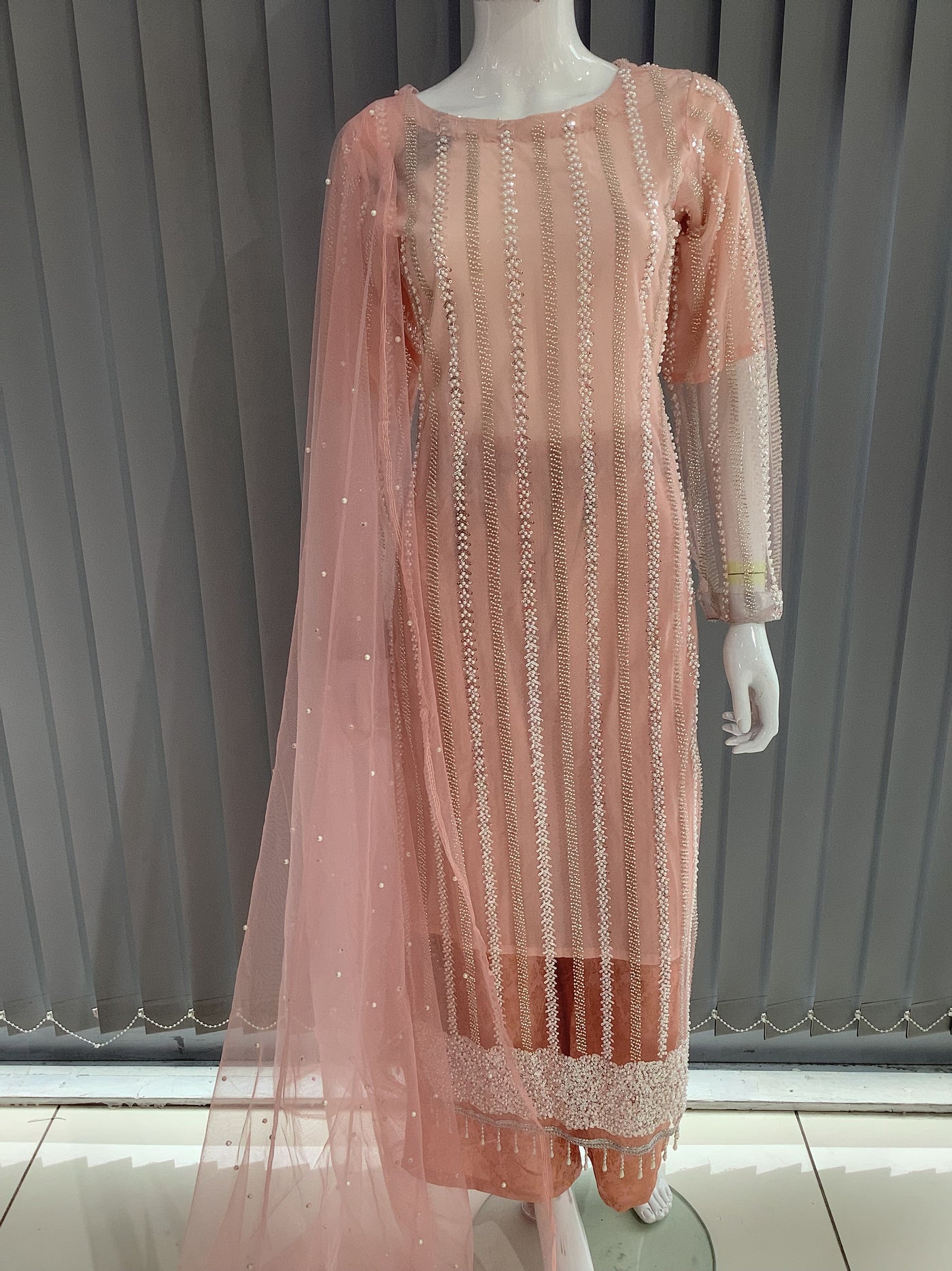 S Creations | Embroidered Net  Readymade | SC095 (Peach)