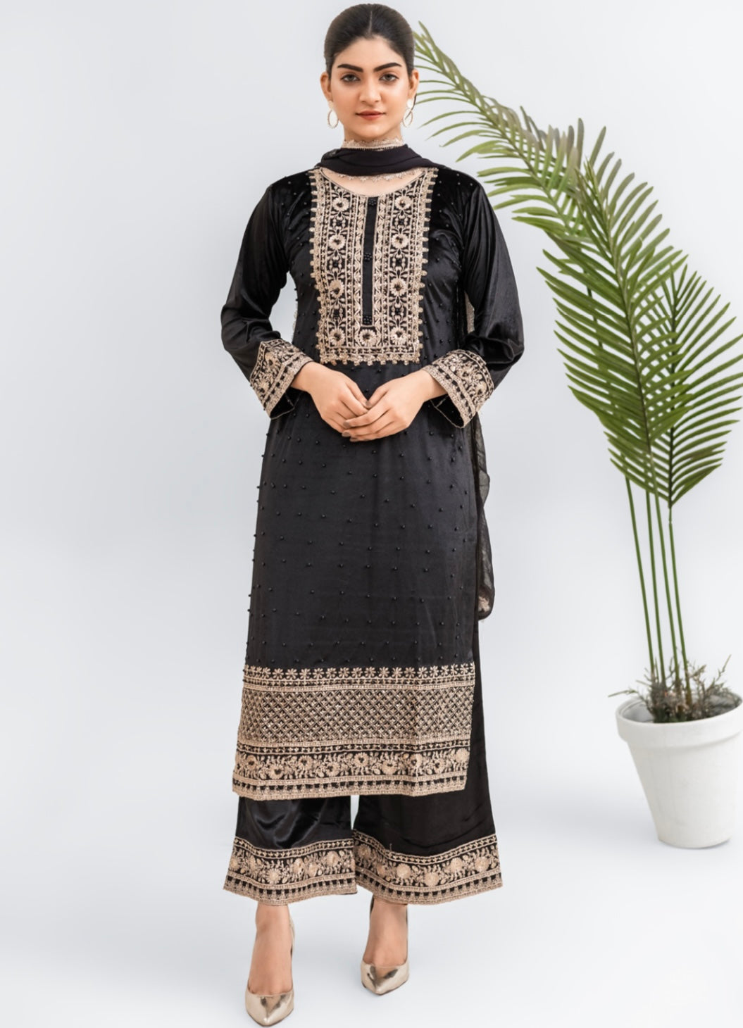 Black Embroidered Korean Velvet  Readymade | RGZ007 Womenswear Dress