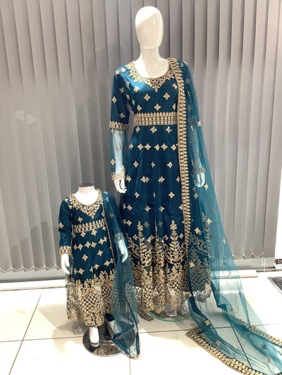 ASHA | Embroidered Net Dori Work Mother & Daughter Dress Ready To Wear Teal | AS65