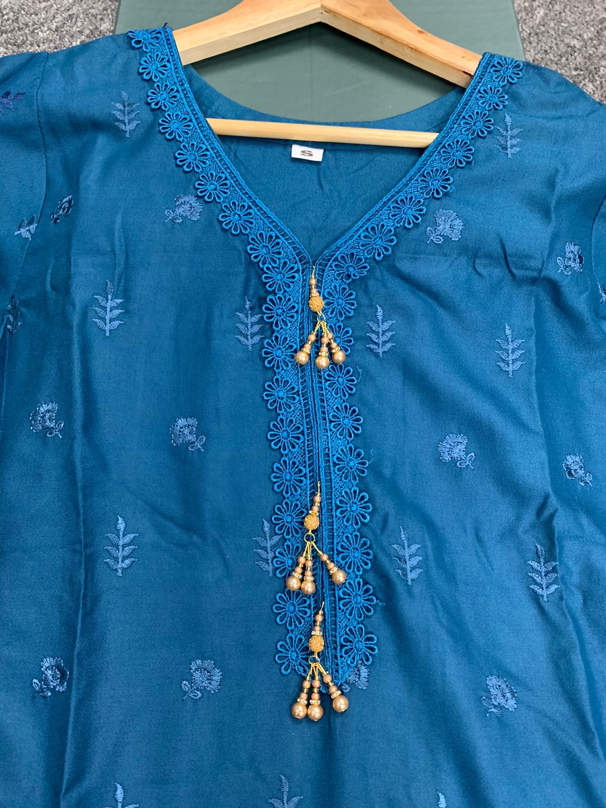 S Creations ‘Iris’ | Embroidered Dhanak Readymade | SC153 (Teal)