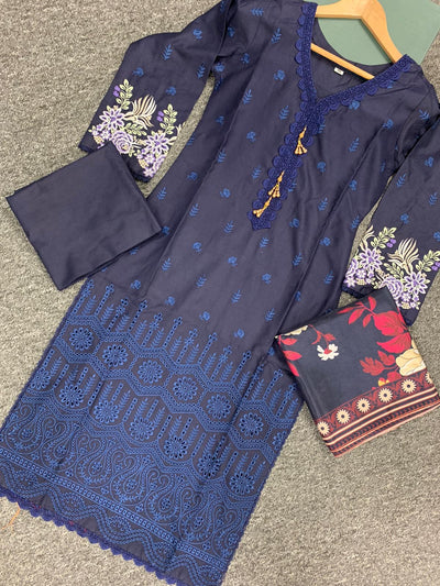 S Creations ‘Iris’ | Embroidered Dhanak Readymade | SC153 (Navy)