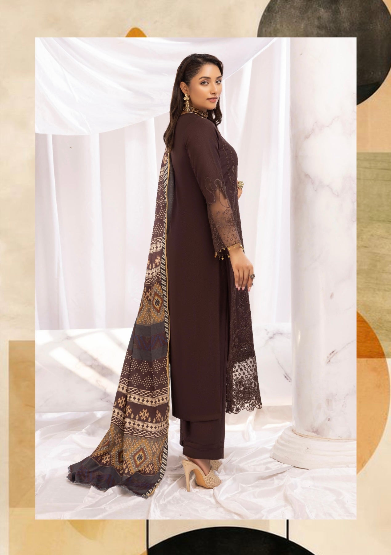 SIMRANS ‘Aafreen’ | Embroidered Dhanak Chikankari Readymade | SM714 (Brown)