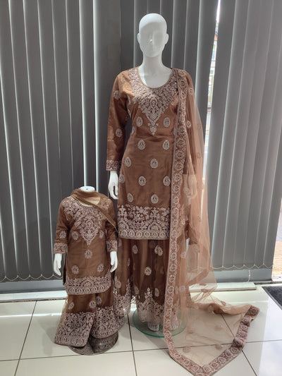 ASHA | Embroidered Net Dori Work Mother & Daughter Dress Ready To Wear Light Brown| AS66