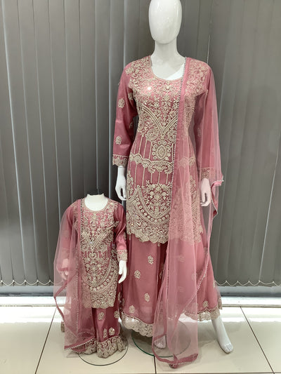 ASHA | Embroidered Net Mother & Daughter Ready To Wear Pink| AS74