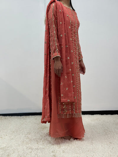 S Creations | Embroidered Chiffon Mother & Daughter Readymade | SC084 (Salmon Pink)