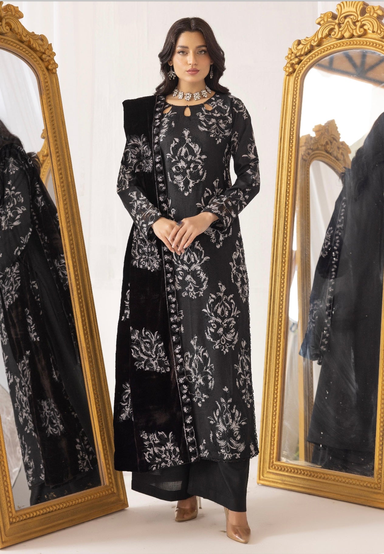 SIMRANS ‘Fushiya’ | Embroidered Dhanak Velvet Shawl Readymade | SM745 (Black)