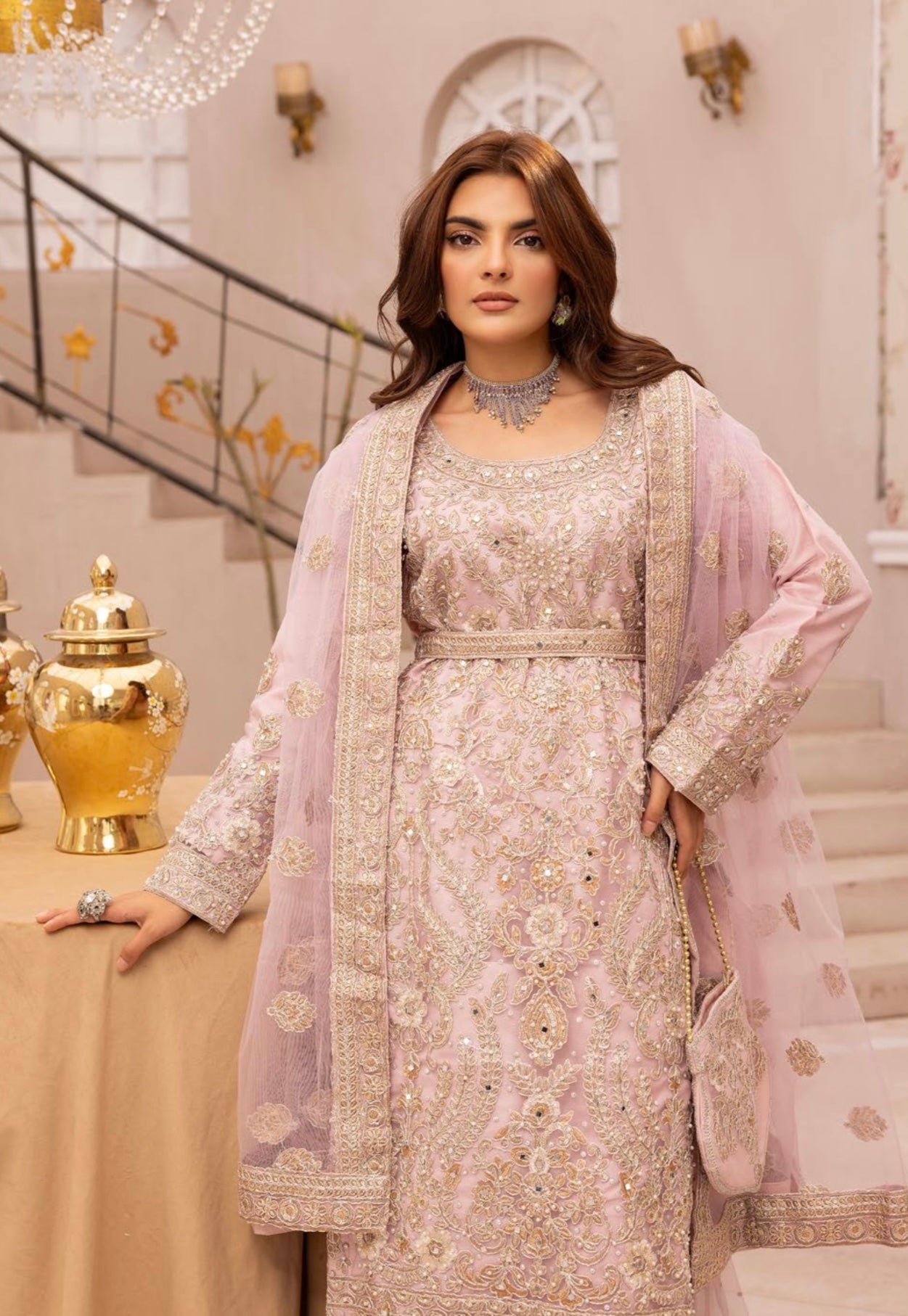 SIMRANS ‘Pari Lux’ | Embroidered Chiffon Readymade | SM648 (Peach)