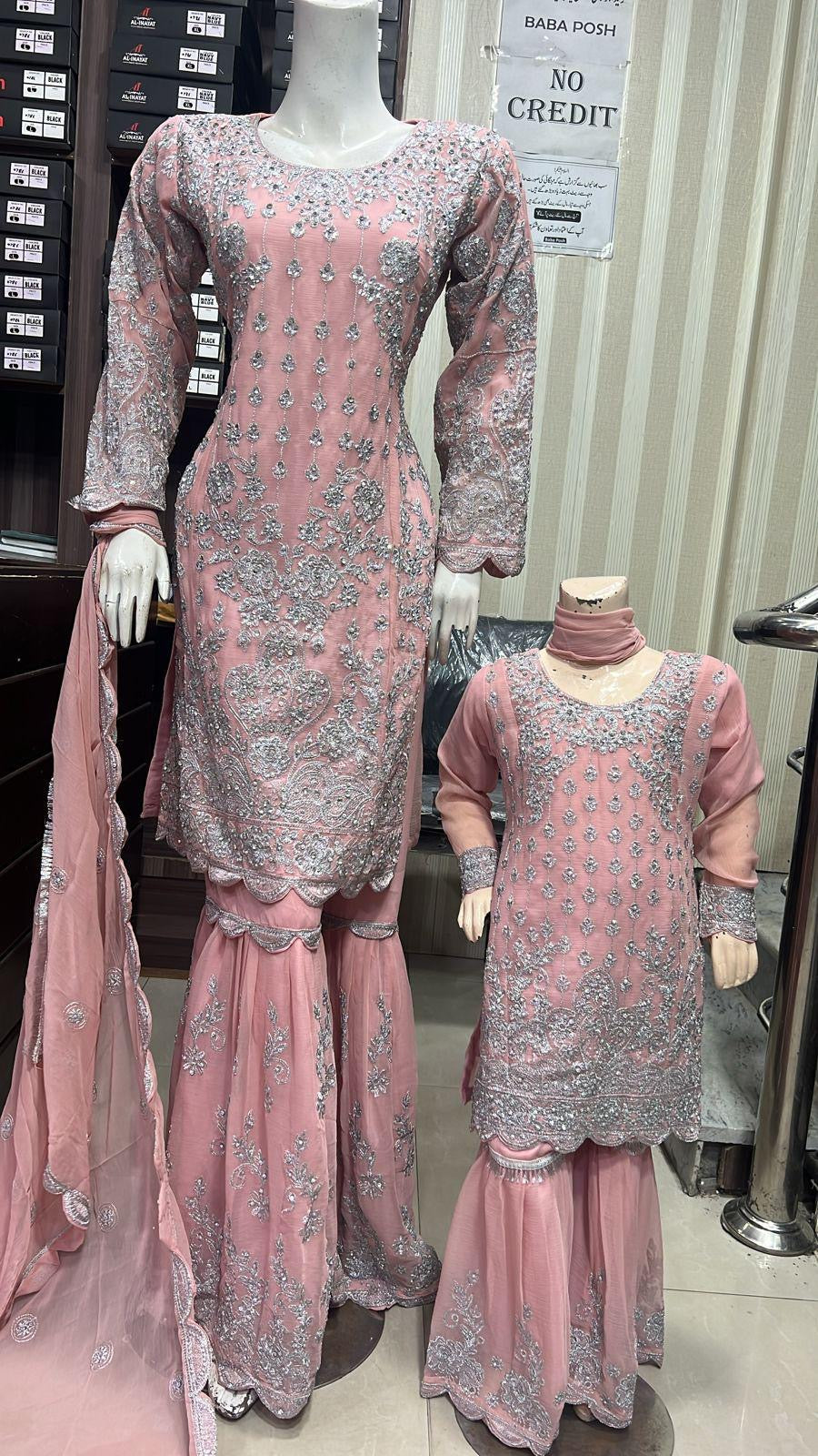 ShaZaib | Embroidered Chiffon Shararah Mother & Daughter Readymade | SZ193 (Peach)