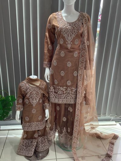 ASHA | Embroidered Net Dori Work Mother & Daughter Dress Ready To Wear Light Brown| AS66