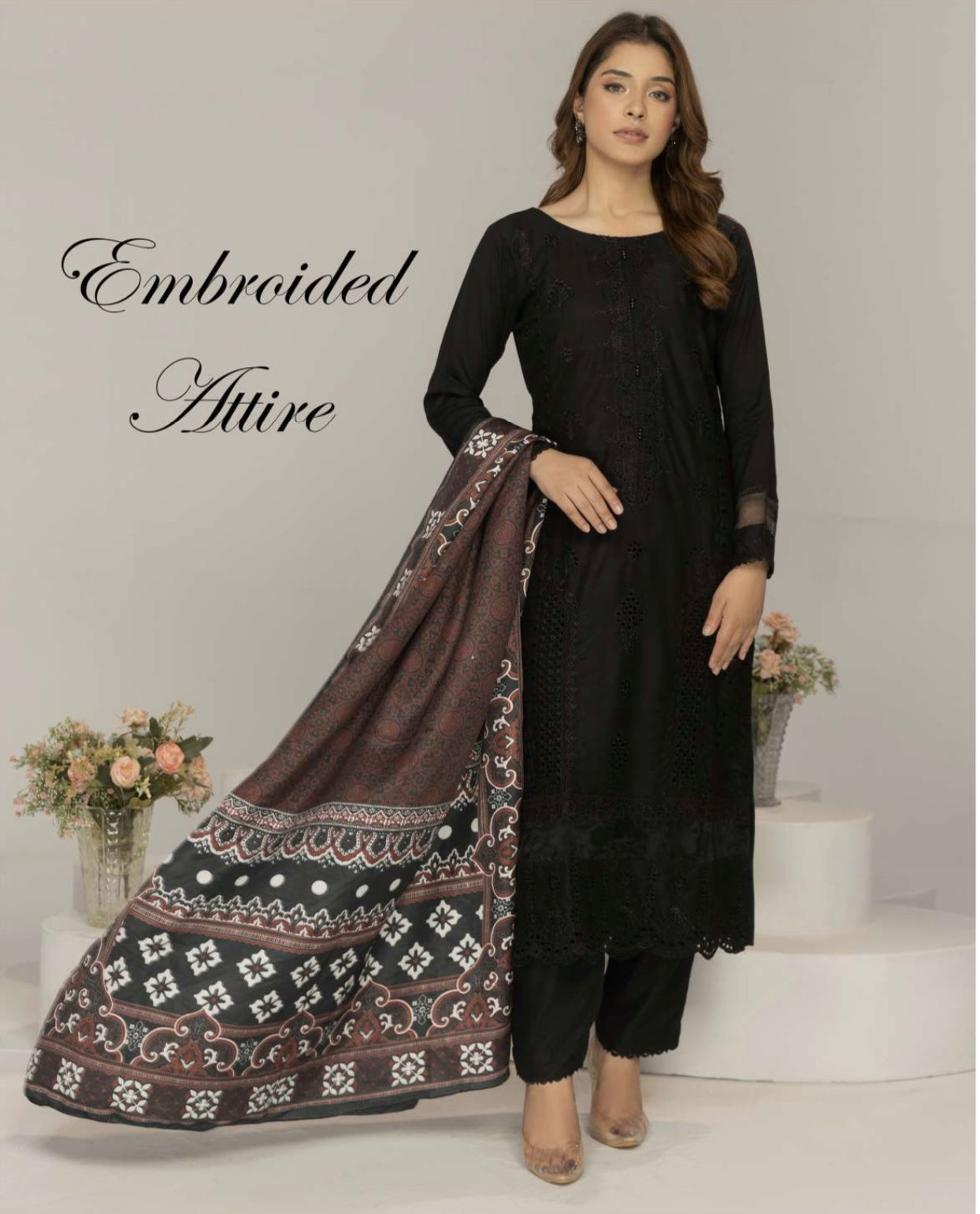 SIMRANS ‘Ajrak’ | Embroidered Linen Shawl Readymade | SM708 (Black)