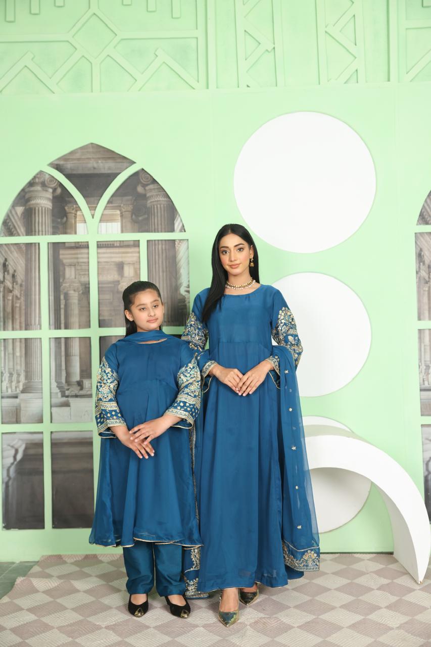 S Creations ‘Noreen’ | Embroidered Chiffon Mother & Daughter Readymade | SC162 (Teal)