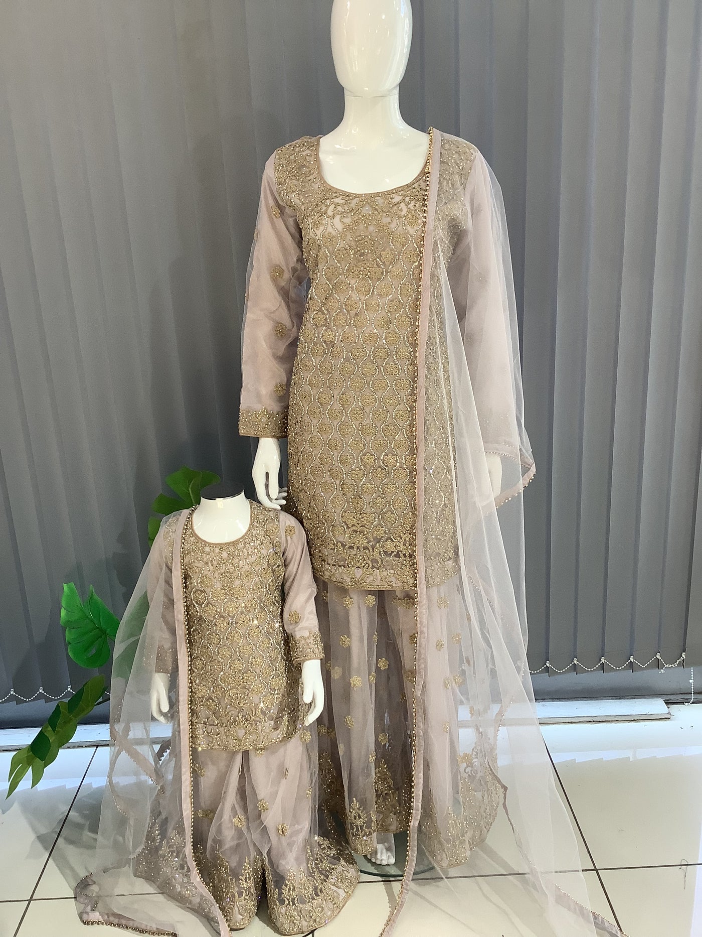 ASHA | Embroidered Net Mother & Daughter Ready To Wear Dusty Pink | AS72