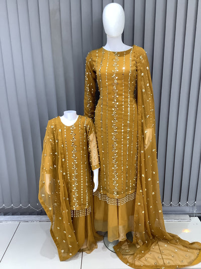 S Creations | Embroidered Chiffon Mother & Daughter Readymade | SC084 (Mustard)