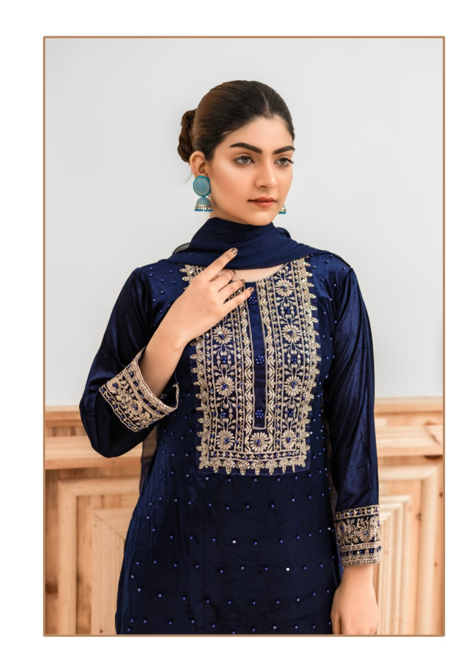 Navy Embroidered Korean Velvet  Readymade | RGZ007 Womenswear Dress