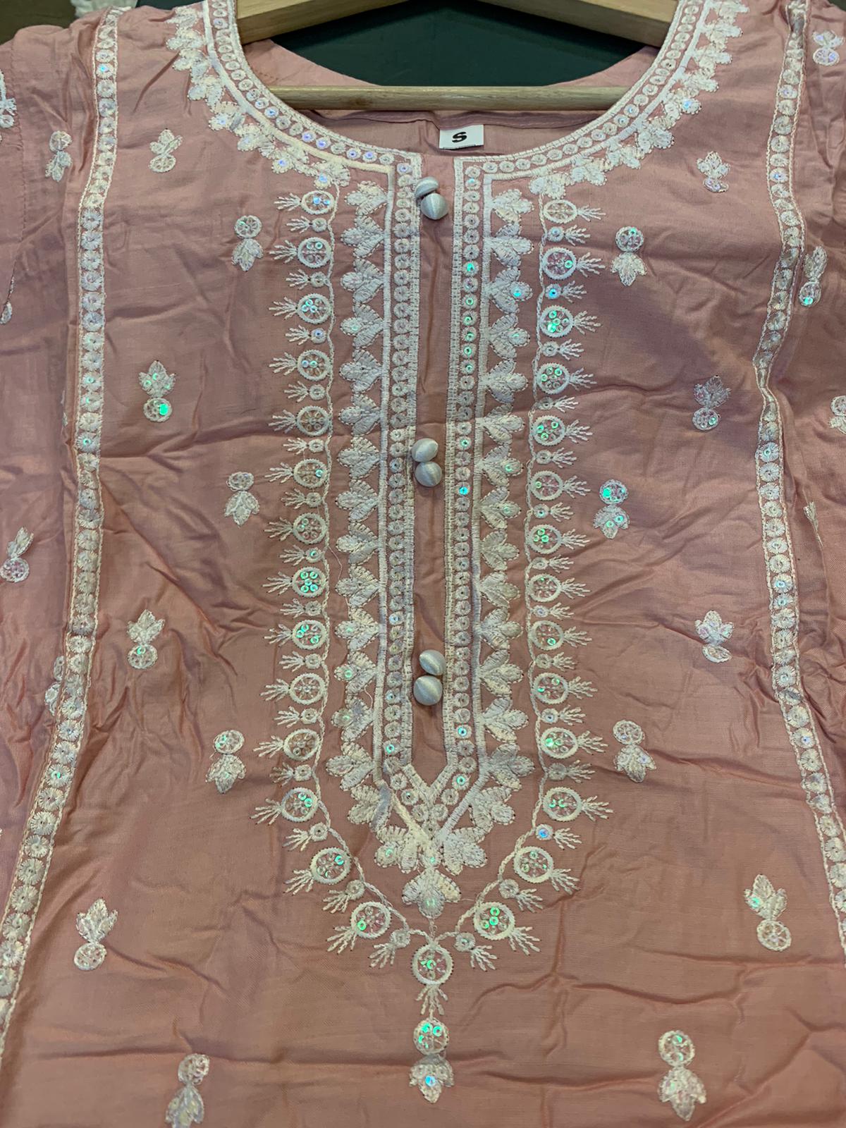 S Creations ‘Fatima’ | Embroidered Linen Readymade | SC116 (Peach)