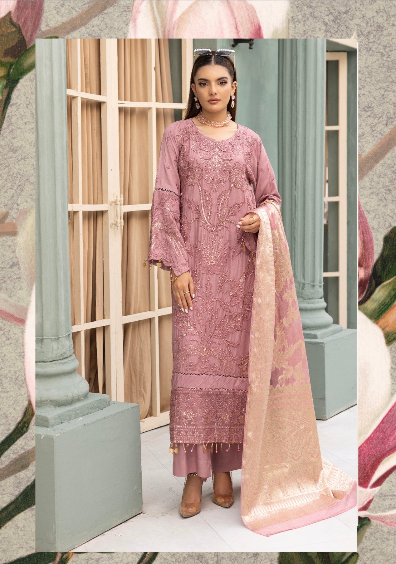 SIMRANS ‘Rozana 2.0’ | Embroidered Linen Readymade | SM673 (Peach)