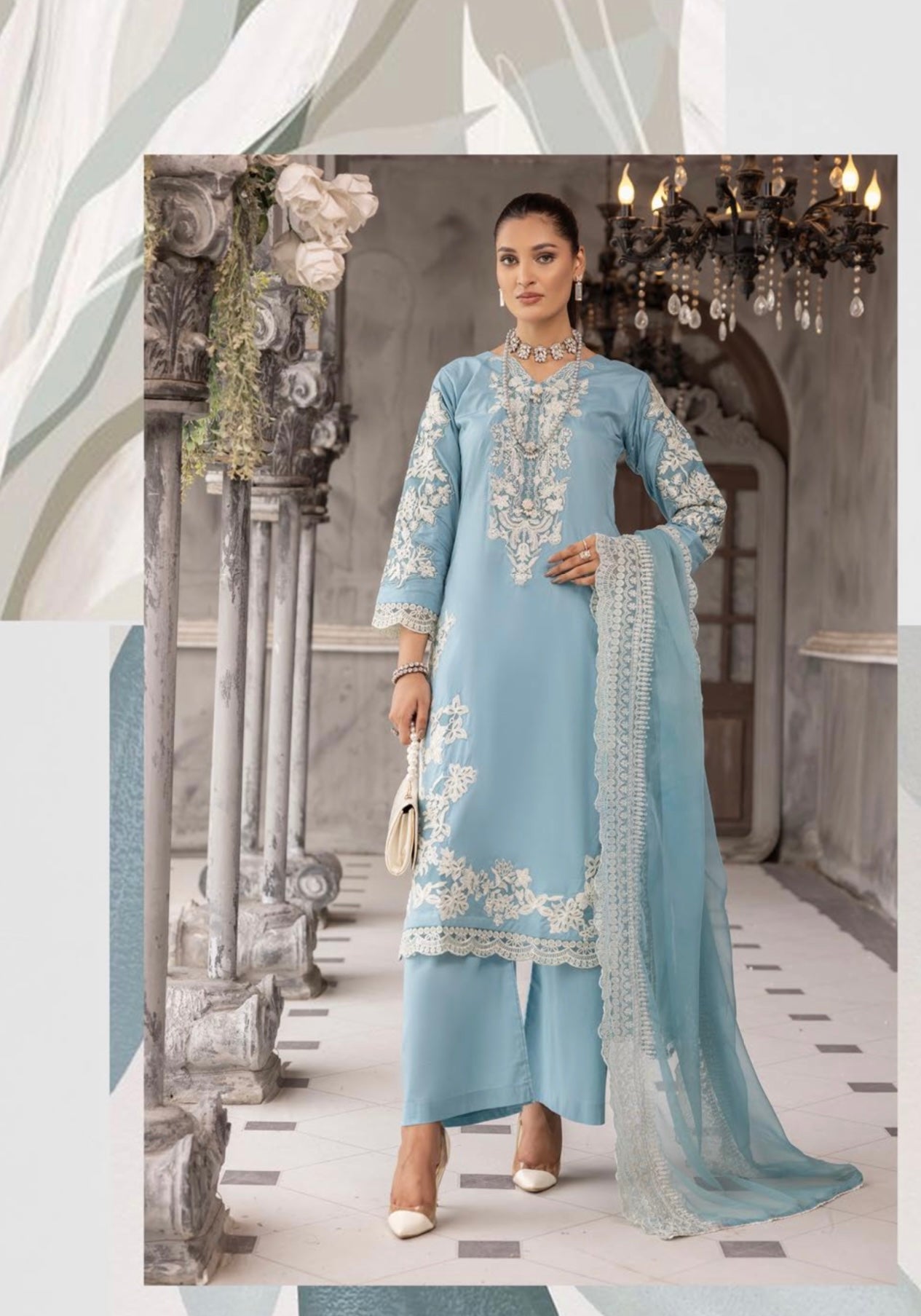 SIMRANS ‘Meeral’ | Embroidered Cotton Readymade | SM619 (Light Blue)