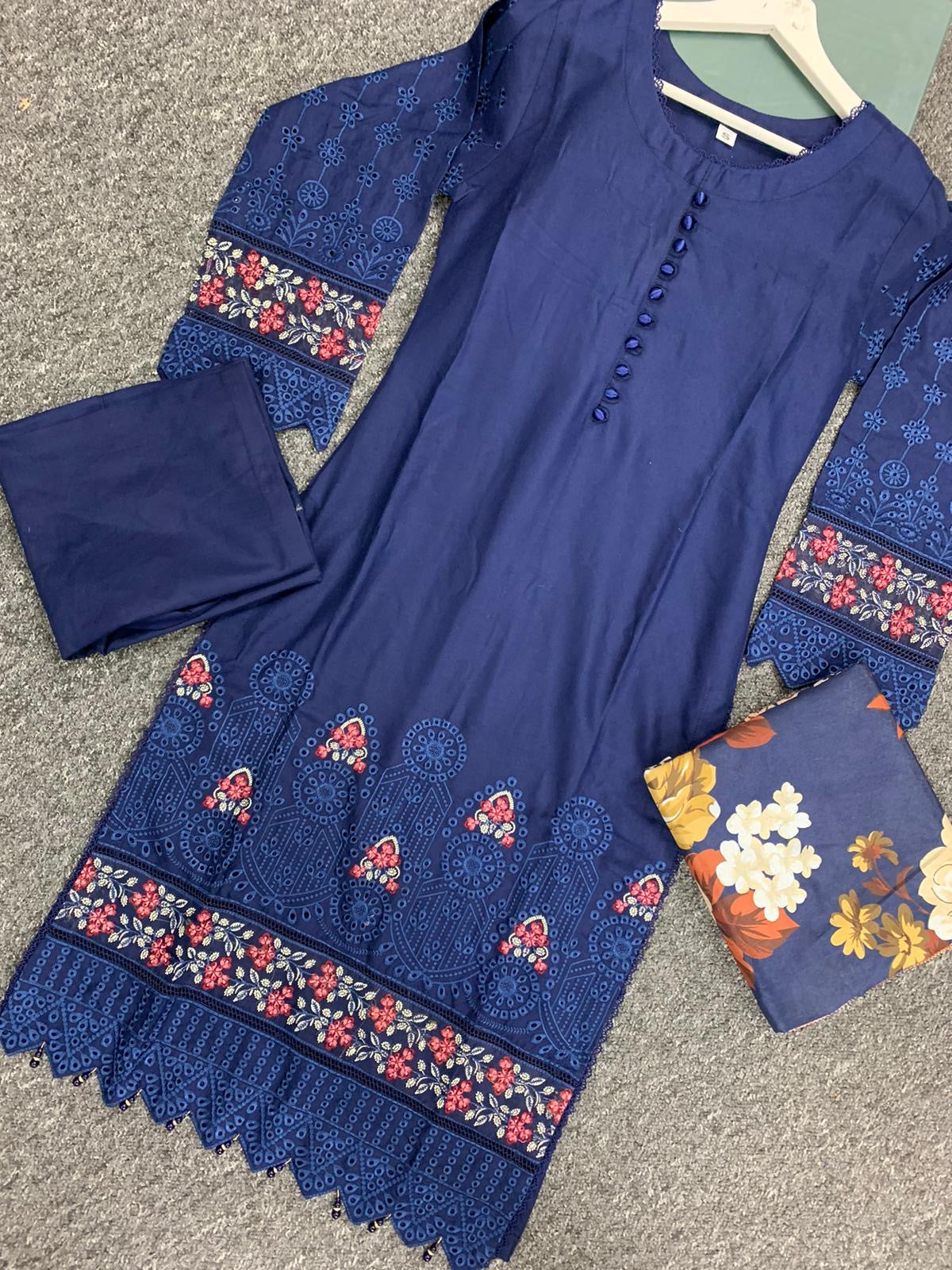 S Creations ‘Kaia’ | Embroidered Dhanak Readymade | SC152 (Navy)