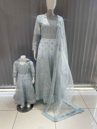 ASHA | Embroidered Net Mother & Daughter Ready To Wear Light Blue | AS73