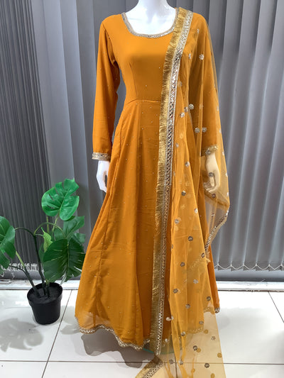 ASHA | Embroidered Chiffon Dress Mother & Daughter Readymade Mustard | AS63