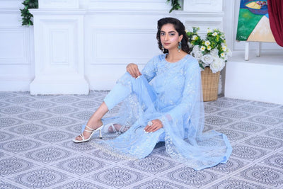 S Creations ‘Maya’ | Embroidered Net Formal Readymade | SC134 (Sky Blue)