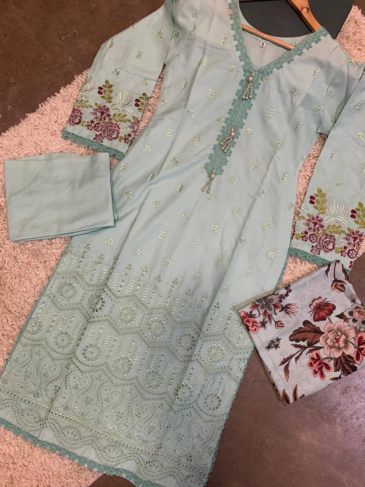 S Creations ‘Inaya’ | Embroidered Dhanak Readymade | SC132 (Turquoise)