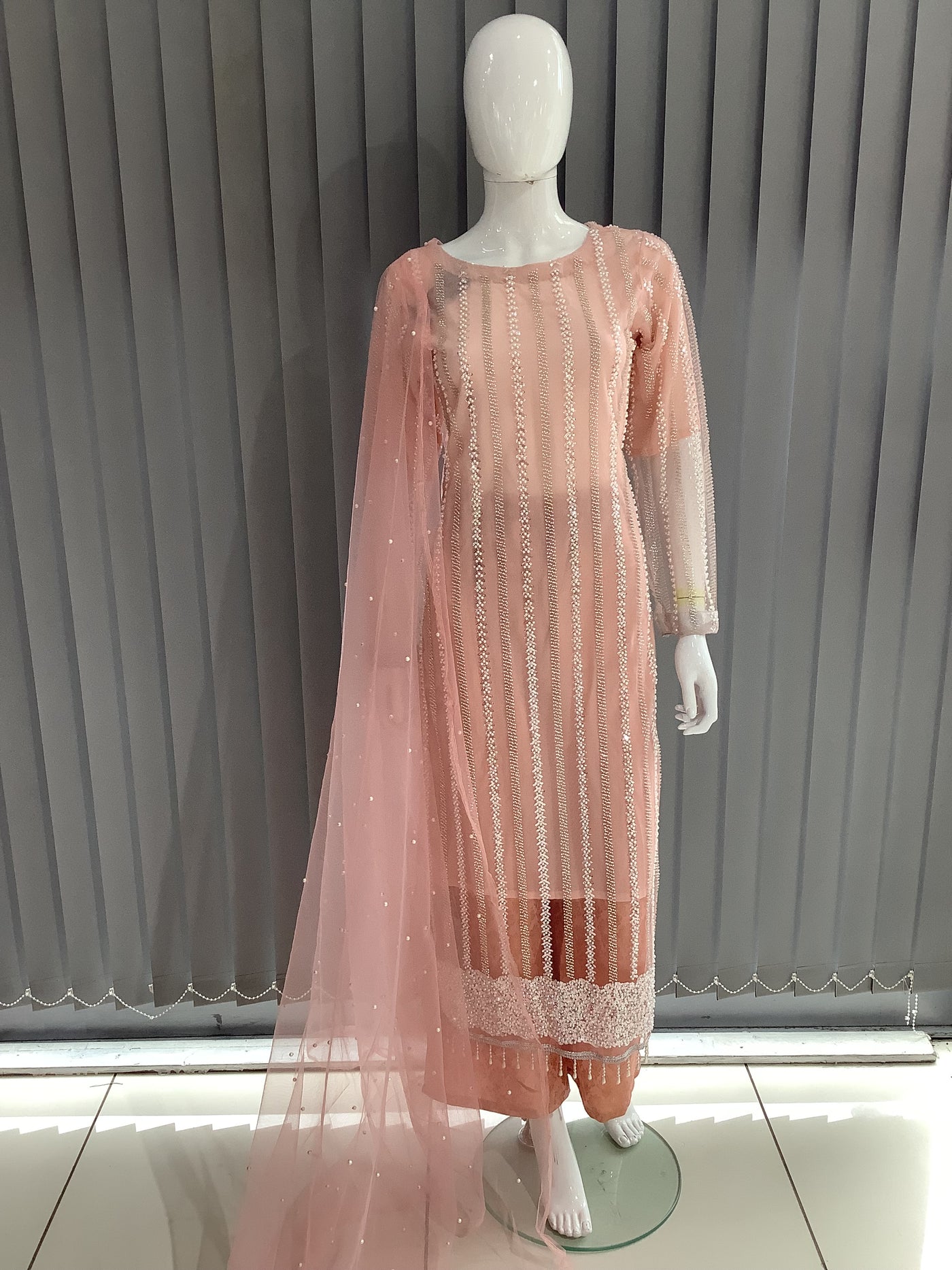 S Creations | Embroidered Net  Readymade | SC095 (Peach)