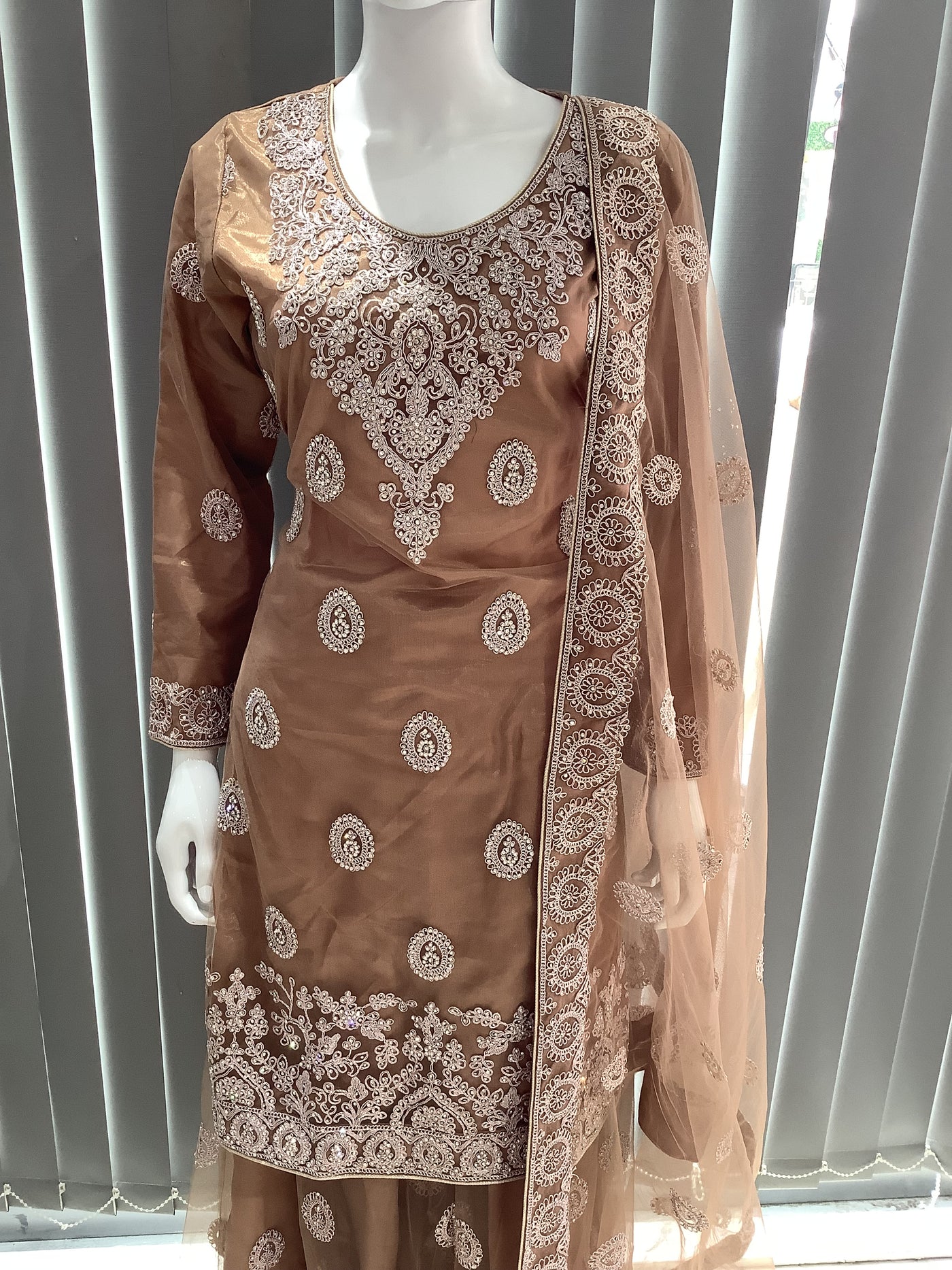 ASHA | Embroidered Net Dori Work Mother & Daughter Dress Ready To Wear Light Brown| AS66