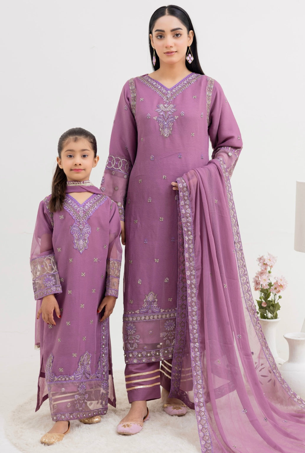 RANGZ ‘Majestic Lux’ | Embroidered Chiffon Mother & Daughter Readymade | RGZ056 (Purple)