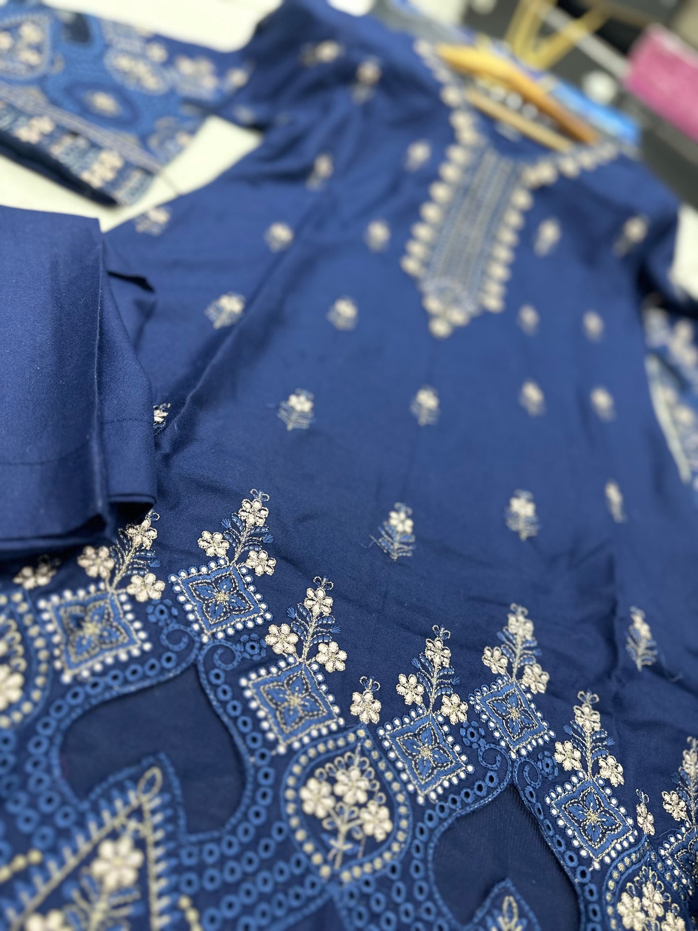 S Creations ‘Larisa’ | Embroidered Dhanak Readymade | SC150 (Blue)