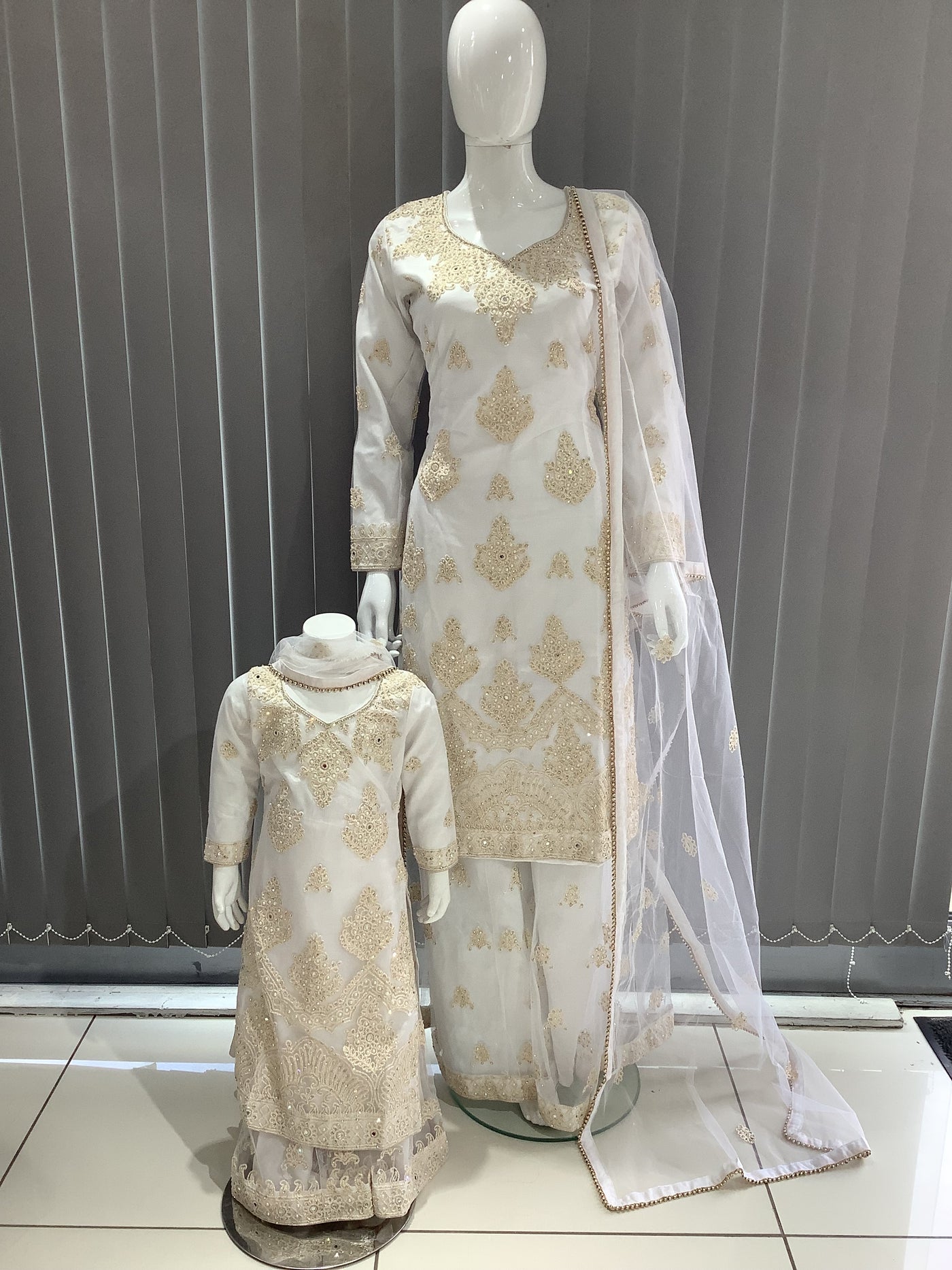 ASHA | Embroidered Net Dori Work Mother & Daughter Dress Ready To Wear White| AS67