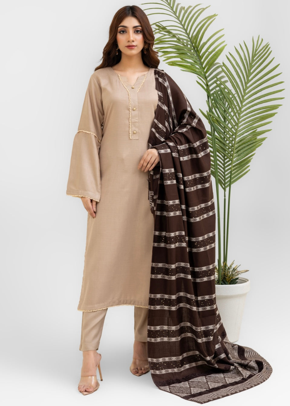 Beige Embroidered Dhanak Wool Shawl Readymade | RGZ011